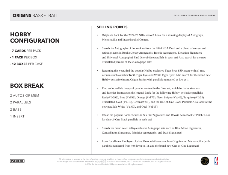 2024-25 Panini Origins Basketball Hobby
