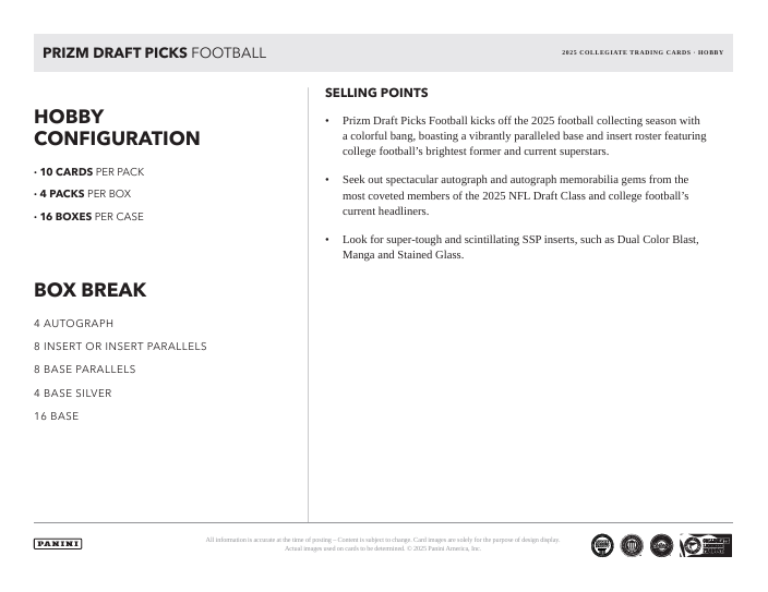2025 Panini Prizm Draft Picks Collegiate Football Box