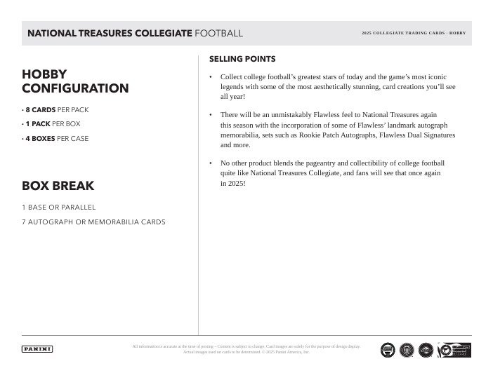 2025 Panini National Treasures Collegiate Football Hobby Box