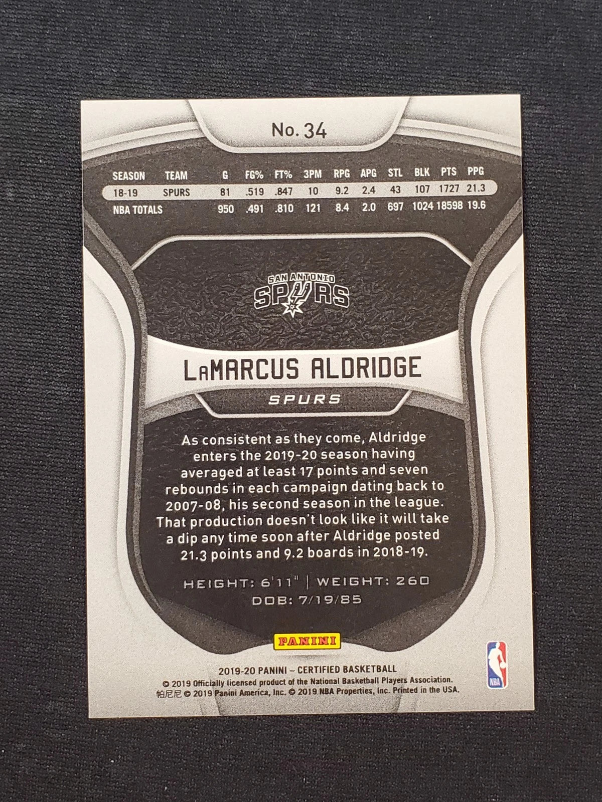 2019-20 Panini Certified - LaMarcus Aldridge #34 Mirror Blue