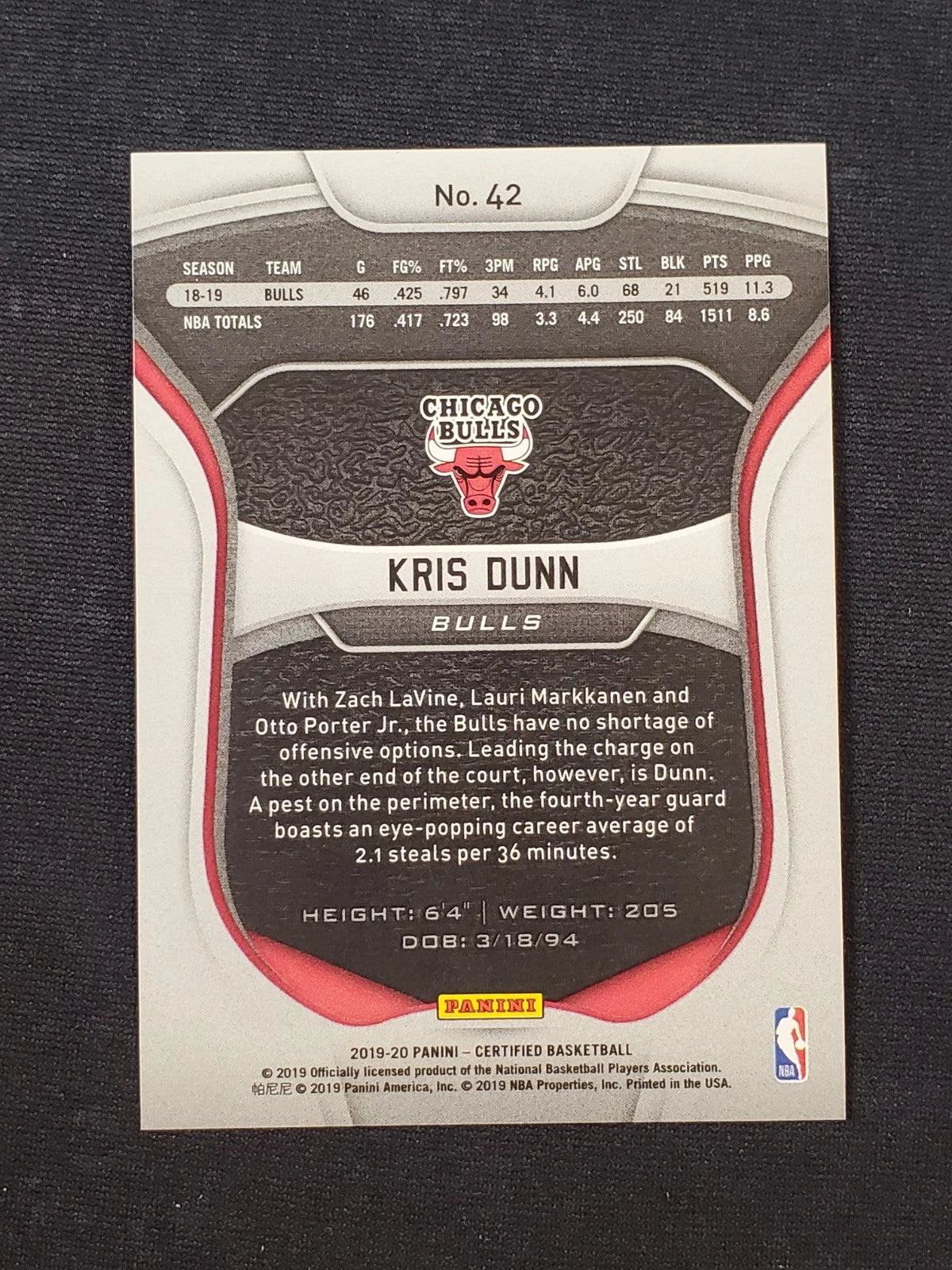 2019-20 Panini Certified - Kris Dunn #42 Mirror Red