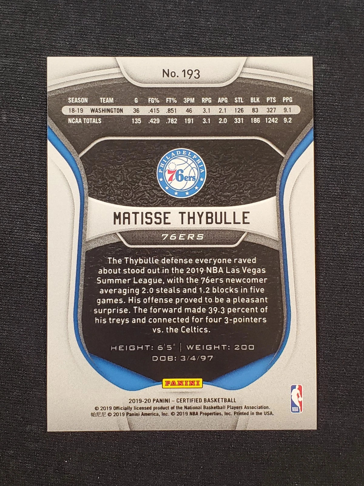 2019-20 Panini Certified - Matisse Thybulle #193 Mirror Blue (RC)